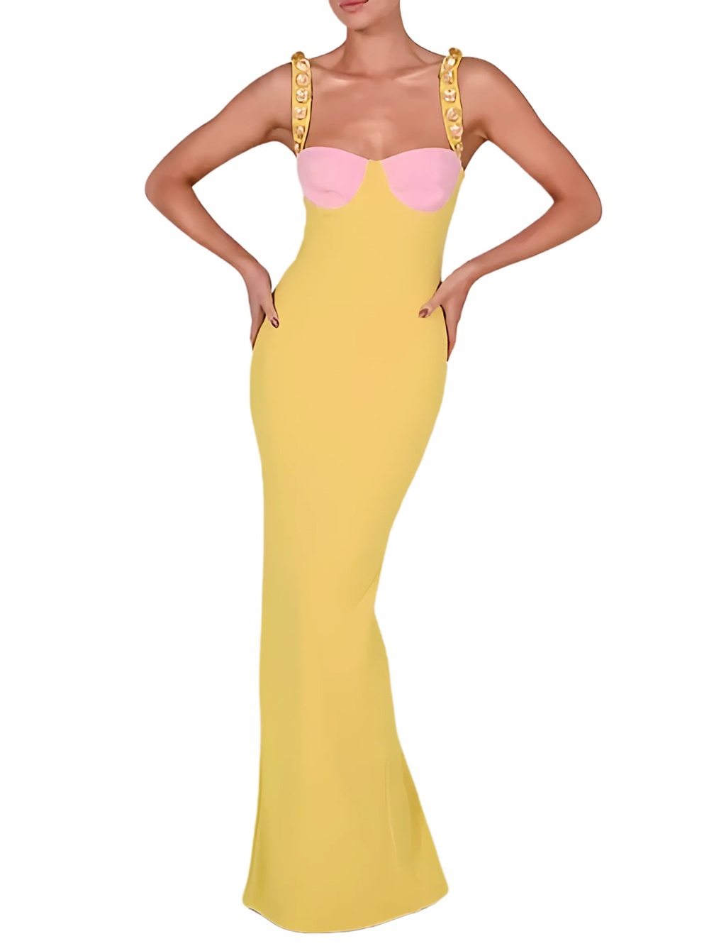 Summer wedding Yellow Maxi Dress with Pink Bust and Decorative Straps